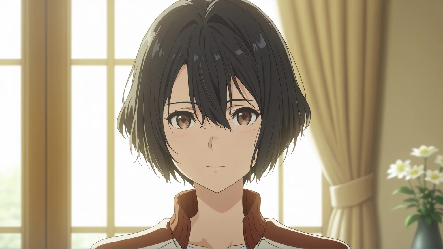 highres, hi res, best quality, masterpiece, 2d, intricate details, 4k, anime coloring, countershading,
looking at viewer, short hair, black hair, brown eyes, closed mouth, jacket, upper body, flower, day, indoors, mole, mole under eye, window, sunlight, curtains, backlighting
<lora:kyoto_animation_ILXL:1>, kyoto animation,