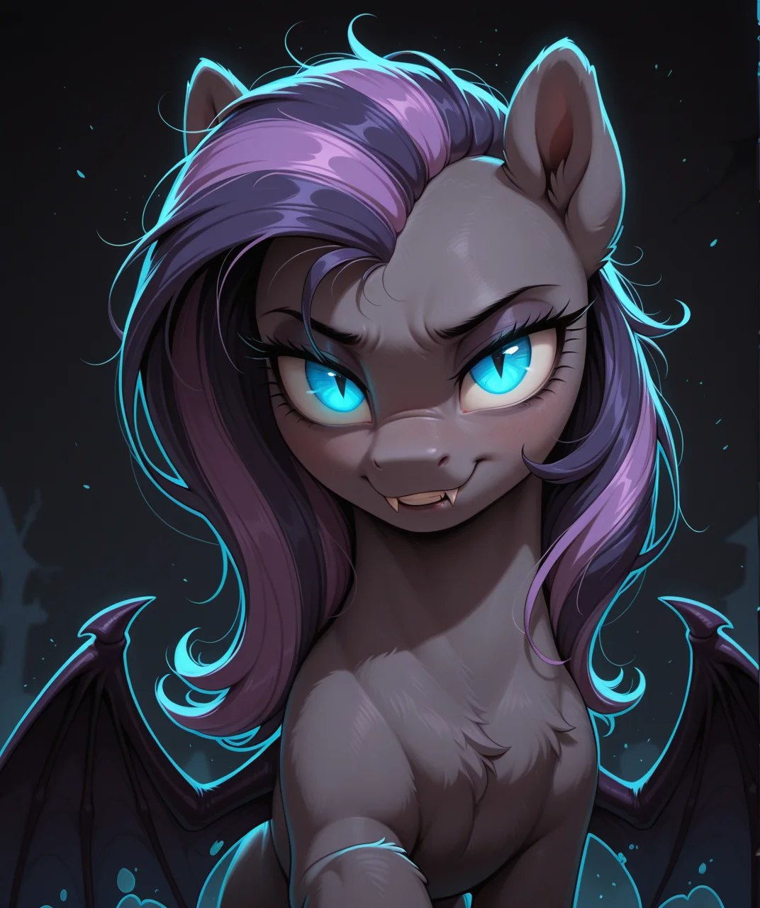 masterpiece, best quality, amazing quality, very aesthetic, absurdres, newest,
1girl, feral, bat pony, bat wings, ((grey fur)), (short mane), ((striped purple mane)), ((blue eyes)), ((eyes_in_darkness)), glowing eyes, slit eyes, fangs, little pony, friendship is magic, quadruped,
lip bite, sexy, bedroom eyes,
((outline)),
black background, void,
p0nuts, <lora:Ponut_Paradise:0.4>