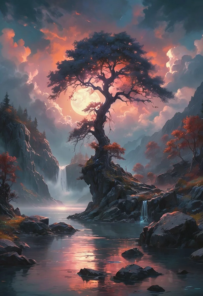 Under the eerie glow of a full moon,a dark and ominous landscape unfolds. A vibrant,colorful tree stands by the edge of a serene lake,its vivid hues contrasting starkly with the foreboding atmosphere. In the background,a waterfall cascades down jagged rocks,the water glistening in the moonlight. Thick,swirling clouds loom overhead,adding to the sense of an evil presence. The moonlight filters through the clouds,casting an otherworldly glow over the scene. The air is thick with mysticism,as if the very night holds ancient secrets and dark magic.  [romantic impressionism,dream scenery art,beautiful oil matte painting,romantic,style of thomas kinkade,beautiful digital painting,anime landscape,romantic painting,dreamlike digital painting,colorful painting,beautiful gorgeous digital art,style of greg rutkowski,janek sedlar,jenny saville:0]  <lora:vivid_everclear:0.35>  <lora:Sinozick:0.35>  <lora:MJ52:0.35>