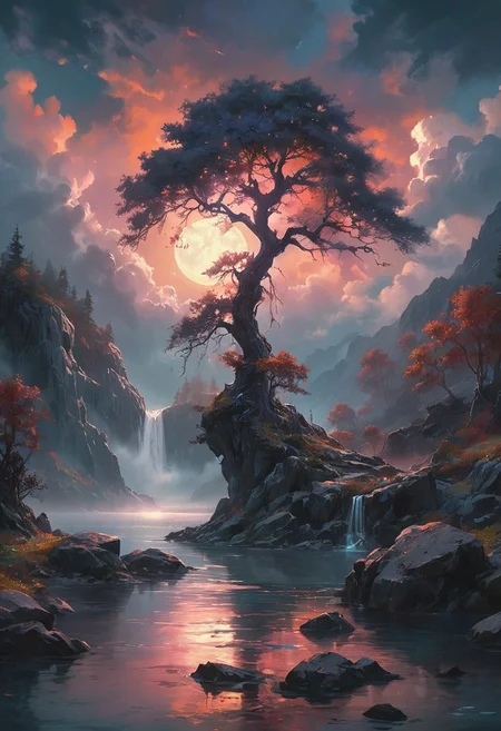 Under the eerie glow of a full moon,a dark and ominous landscape unfolds. A vibrant,colorful tree stands by the edge of a serene lake,its vivid hues contrasting starkly with the foreboding atmosphere. In the background,a waterfall cascades down jagged rocks,the water glistening in the moonlight. Thick,swirling clouds loom overhead,adding to the sense of an evil presence. The moonlight filters through the clouds,casting an otherworldly glow over the scene. The air is thick with mysticism,as if the very night holds ancient secrets and dark magic.  [romantic impressionism,dream scenery art,beautiful oil matte painting,romantic,style of thomas kinkade,beautiful digital painting,anime landscape,romantic painting,dreamlike digital painting,colorful painting,beautiful gorgeous digital art,style of greg rutkowski,janek sedlar,jenny saville:0]  <lora:vivid_everclear:0.35>  <lora:Sinozick:0.35>  <lora:MJ52:0.35>