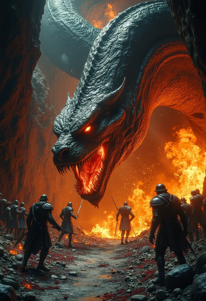 art style by frank frazetta, A fierce battle unfolds in a dark, cavernous setting, dominated by a massive snake with lion head with fiery red eyes and sharp, jagged teeth. It's rough, , and it unleashes a torrent of fire. Surrounding the dragon, warriors in viking-style armor fight in desperation, wielding swords and shields. Their expressions range from fear to determination, with debris and blood scattered across the ground. Jagged rock formations cast deep shadows, while the griffin lightning and burning torches create an eerie orange glow, enhancing the scene's chaotic, intense atmosphere with realistic textures and dramatic lighting,