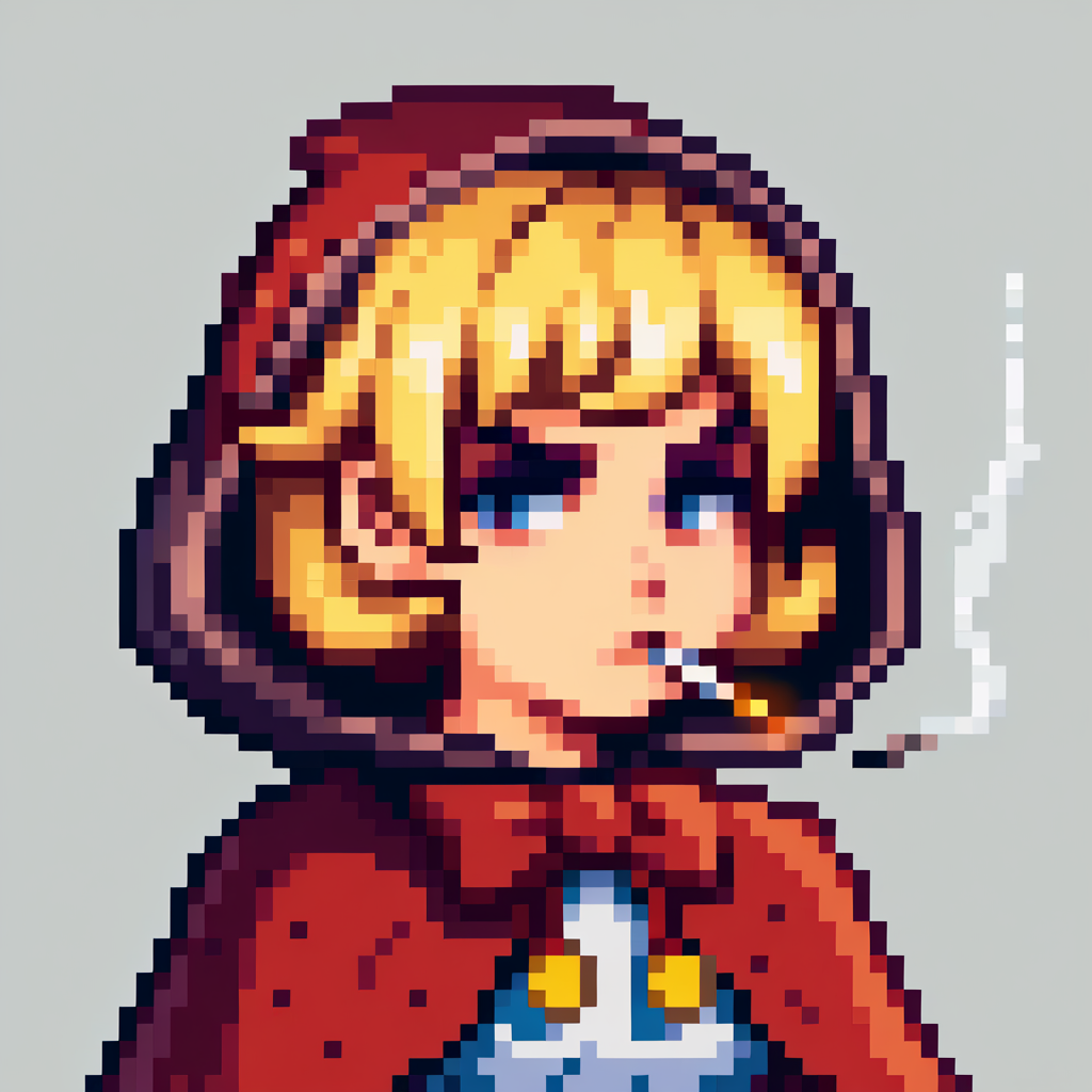 score_9, score_8_up, score_7_up, source_anime, BREAK, solo, 1girl, looking at viewer, <lora:Stardew-Valley-Portraits-pdxl_Fp:1>, portrait, simple background, pixel art, white background, <lora:BBHood-pdxl_Fp:0.8>, bbhood, short hair, blonde hair, blue eyes, hood, capelet, red dress, bow, white apron, pom pom \(clothes\), annoyed, from side, cigarette,
