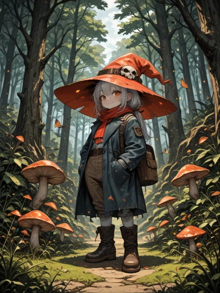 masterpiece, best quality, amazing quality, atmospheric perspective, mushroom, hat, bug, tree, hands in pockets, outdoors, witch hat, red scarf, furry, butterfly, red headwear, standing, nature, scarf, forest, solo, grass, bag, belt, animal, looking at viewer, orange eyes, light smile, full body, fireflies, skull hat ornament, day