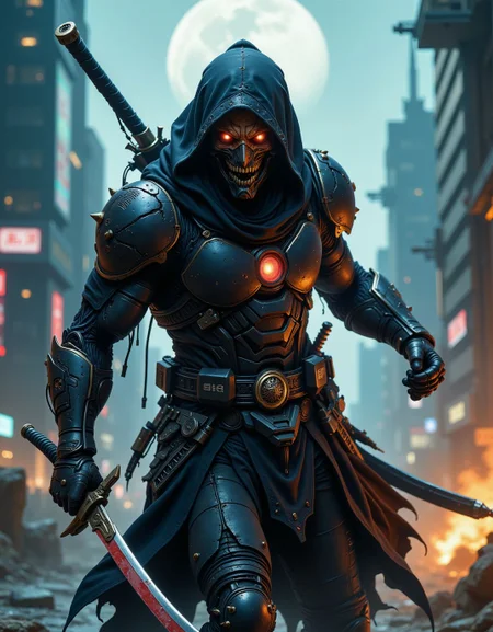 realistic action scene of a humanoid ninja with battle scars, wearing tech armor, fierce look, katanas with blood on it, <lora:ck-FantasticalCreatures:0.8>, <lora:artilands:0.6>, in an scifi urban warzone, moon in background