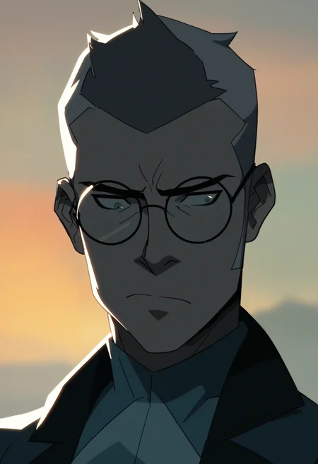 score_9, score_8_up, score_7_up, score_6_up, score_5_up, score_4_up,
<lora:VoxMachina:1> v0x,
1boy, male focus, glasses, closed mouth, green eyes, solo, grey hair, short hair, black-framed eyewear, frown, portrait, outdoors, blurry, round eyewear, sunset, shirt