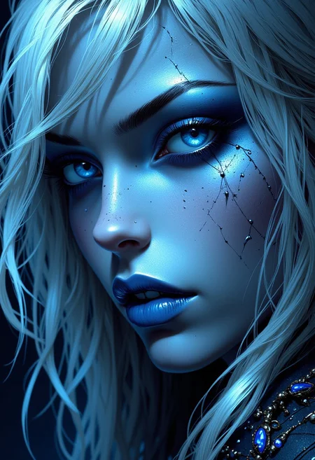 close up on face, great lighting, intricate detail, portrait of a beautiful female figure with pale skin. She has a piercing cold ice blue gaze. Her wavy white hair frames her face. Her lips are beautiful, full and express a confident superiority. She wears light blue lipstick. High Detail, Perfect Composition, realistic photographic image, interesting backlighting, ArsMJStyle, dnddarkestfantasy, mythp0rt