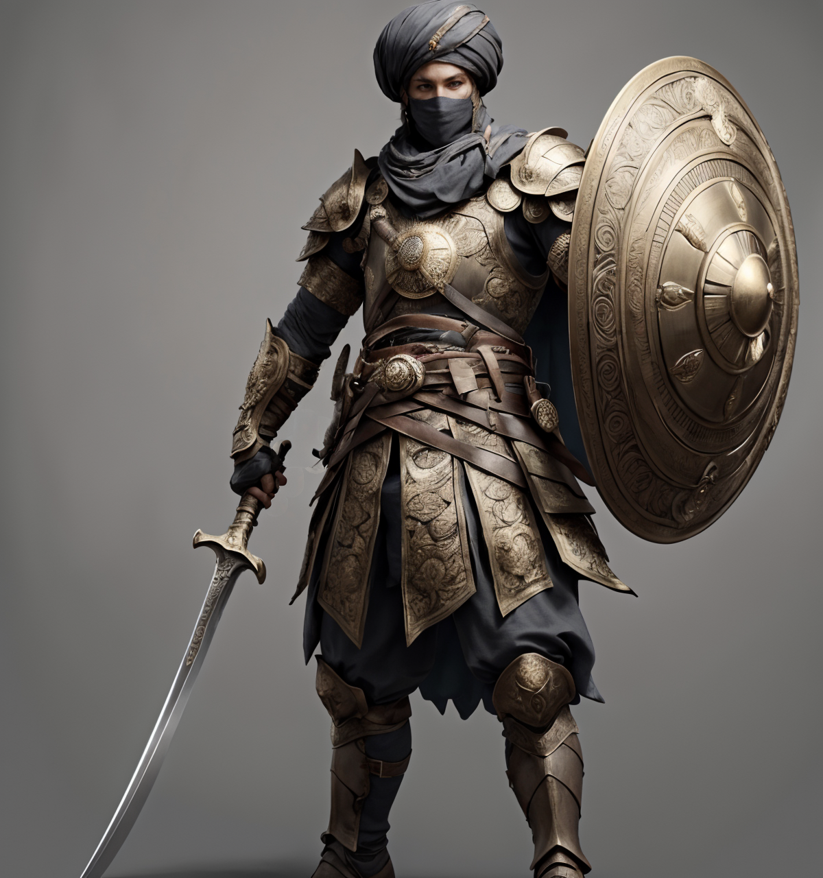 RAW photo, (masterpiece:1.3), subsurface scattering, heavy shadow, (high quality:1.4), (intricate, high detail:1.2), professional photography, HDR, High Dynamic Range, realistic, ultra realistic, photorealistic, high resolution, film photography, ambient lighting, atmospheric effects, <lora:detail_slider_v4:2>, OverallDetail,   <lora:ArabianArmor:0.7>, arar, armor, arms at sides, beard, boots, cape, cloud, elbow gloves, full armor, upper body, gauntlets, grey background, helmet, holding weapon, male focus, mask, pants, shield, simple background, solo, standing, sword, turban, white background