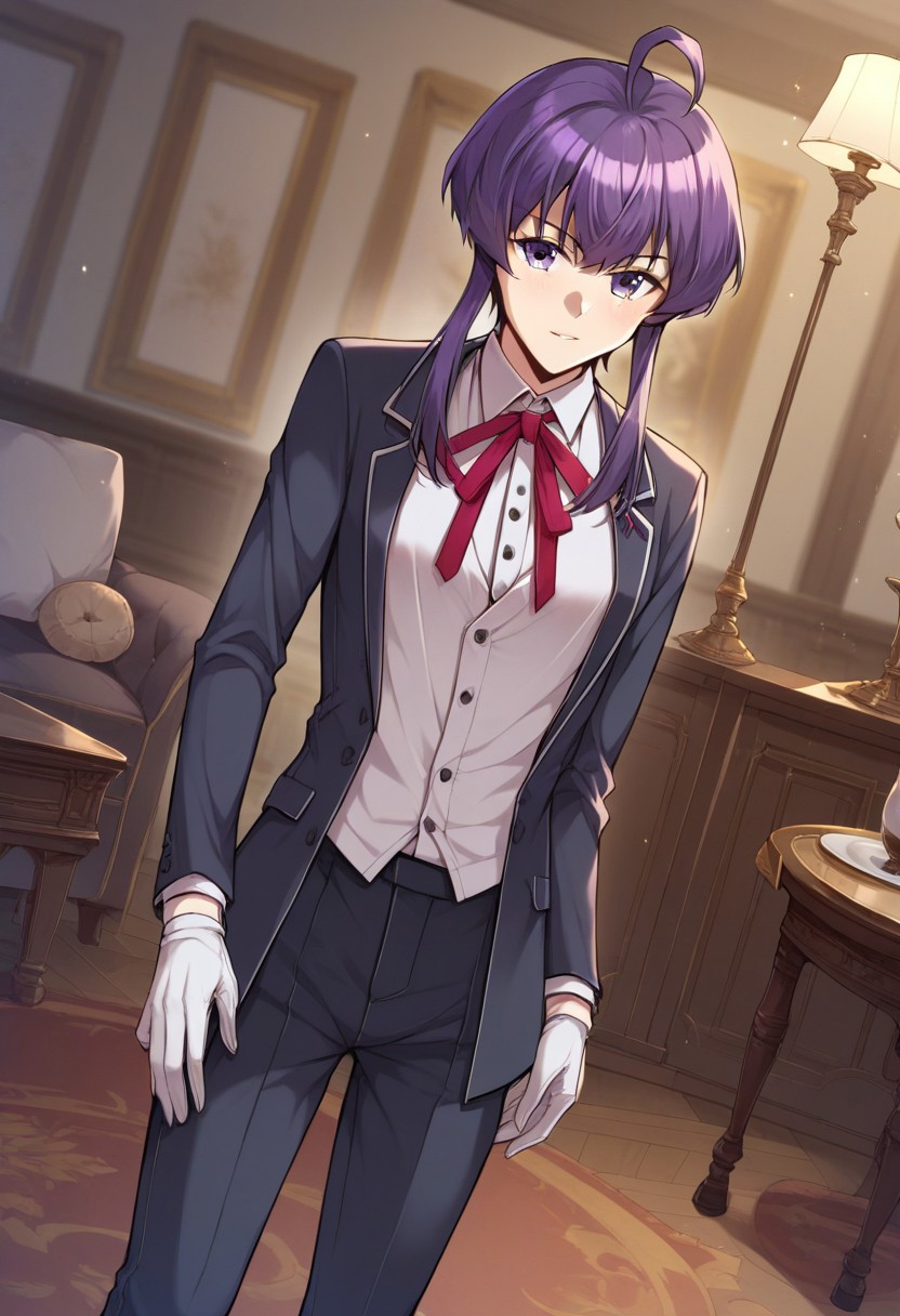 score_9,score_8_up,score_7_up,score_6_up,blurry, blurry background,1girl,kania,solo,short hair with long locks,purple hair,ahoge,butler,white shirt,collared shirt,neck ribbon,white gloves,suit,pants,shoes,upper body,volumetric light,indoors,living room,cowboy shot, dutch angle