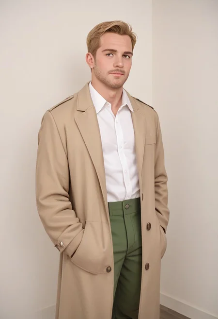 score_9, score_8_up, score_7_up, solo male, Reiner Braun, blond hair, short hair, flat hair (facial hair, stubble:1.1), hazel eyes, tall, white collared shirt, light-brown trench coat, (open coat:1.1), military green pants, black combat boots, handsome, charming, alluring, standing, upper body, perfect anatomy, perfect proportions, best quality, masterpiece, high_resolution, dutch angle, cowboy shot, photo background