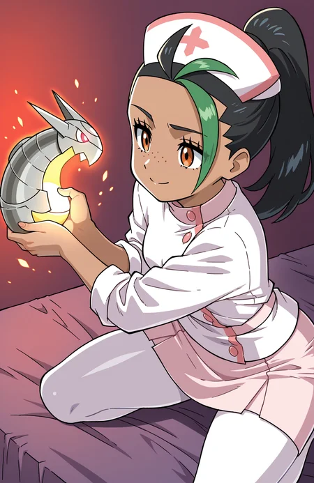 1girl, solo, <lora:Daikin:1> dkn,
nemona \(pokemon\), dark skin, streaked hair, nurse, nurse outfit, white cardigan, pink blouse, pink skirt, white pantyhose, (medium shot), crafting enchanted armor, detailed face, located in a magical scene at a mystical giant's fortress during dawn with clear weather, illuminated by glowing embers, creating a magical,enchanting atmosphere, extremely detailed, highres, masterpiece, best quality