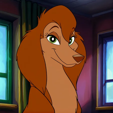 <lora:sashalafleurillustrious:1>, sasha la fleur, solo, looking at viewer, smile, closed mouth, upper body, indoors, no humans, window, parody, style parody, canine, domestic dog, brown hair, brown fur, body fur, green eyes, black pupils, female, feral, (masterpiece), (best quality), (ultra-detailed), amazing quality, very aesthetic, illustration, perfect composition, intricate details, absurdres, incredibly absurdres,