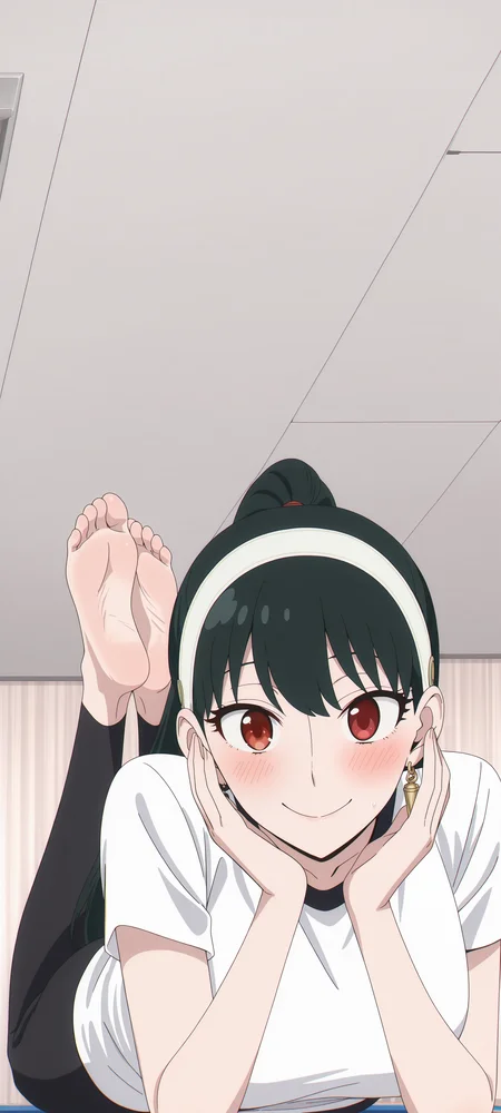 anime screencap, anime coloring, detailed face, masterpiece, best quality, very aesthetic, absurdres, volumetric lighting, official style, amazing quality, ultra detailed, highres, amazing quality, scenery, beautiful detailed hair, beautiful detailed eyes, (at a gym, gym equipment), <lora:StS-Illustrious-Detail-Slider-v1.0:4>,
ceiling,
<lora:All_of_Yor_ForgerBriars_outfits_Spy_x_Family:1> , Yor Forger (character), 1girl, (solo), yor briar, jewelry, black hair, earrings, hairband, red eyes, large breasts, ponytail, hair pulled back, white hairband, (bangs covering forehead), (barefoot, focus on feet, feet up), looking at viewer, sexy smile, blush, girl sitting on the ground, detailed feet, Yor white workout clothes (outfit), hairband, white shirt, white hairband, black pants, long hair, leggings, short sleeves, (fully in shot), BREAK