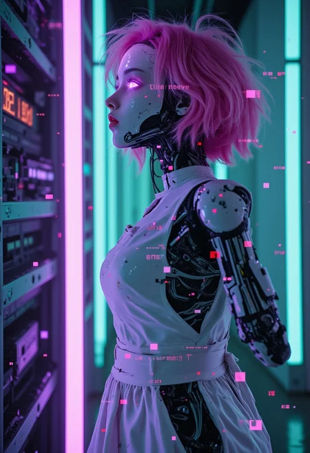 Eerie head Closeup, Upper Body Closeup Portrait, A bleaked atmospheric Photo gl!tchChan with neon purple glitches, a White robot Portrait of a exoskeleton girl with pink bangs hair and eyes, torn Maid Outfit, neon-mist, futuristic cyborg body with exposed wires, cables and mechanical parts, cinematic Angle, desolate weathered and overgrown with wet moss, Large White and turquoise Art nouveau tiles, datamosh ASCII glitches forming Text messages, system error, time ist ticking, Server rooms, cables Connection to her Back, Docking Station