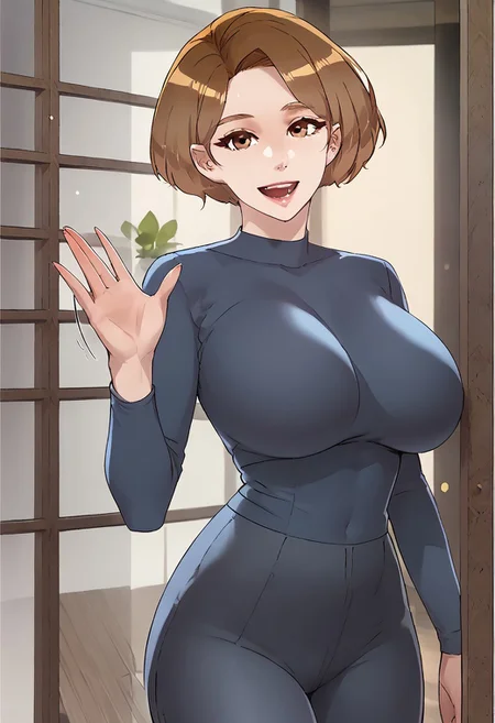 score_9_up, score_8_up, score_7_up, best quality, masterpiece, anime coloring, official art, source_anime, auntsujeong, 1girl, mature female, Expressiveh, breasts, large breasts, solo, waving, open mouth, smile, shirt, upper body, blue shirt, looking at viewer, good anatomy, front view, long sleeves thick thighs