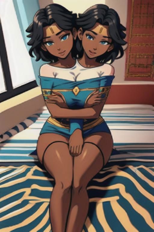 masterpiece, best quality, shorthair, black, darkskinnedfemale, <lora:conjoined_dicephalus:1>, (conjoined_twins, hugging, two heads:1.5), 1girl, masterpiece, best quality, peplos, greek clothes, blue eyes, dark skin, bare shoulders, earrings, flat chest, jewelry, solo, smile, bedroom <lora:WonderWoman:1.5> Sitting on bed, Hands on Lap