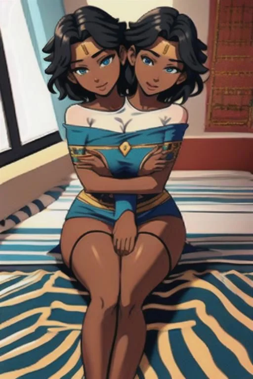 masterpiece, best quality, shorthair, black, darkskinnedfemale, <lora:conjoined_dicephalus:1>, (conjoined_twins, hugging, two heads:1.5), 1girl, masterpiece, best quality, peplos, greek clothes, blue eyes, dark skin, bare shoulders, earrings, flat chest, jewelry, solo, smile, bedroom <lora:WonderWoman:1.5> Sitting on bed, Hands on Lap