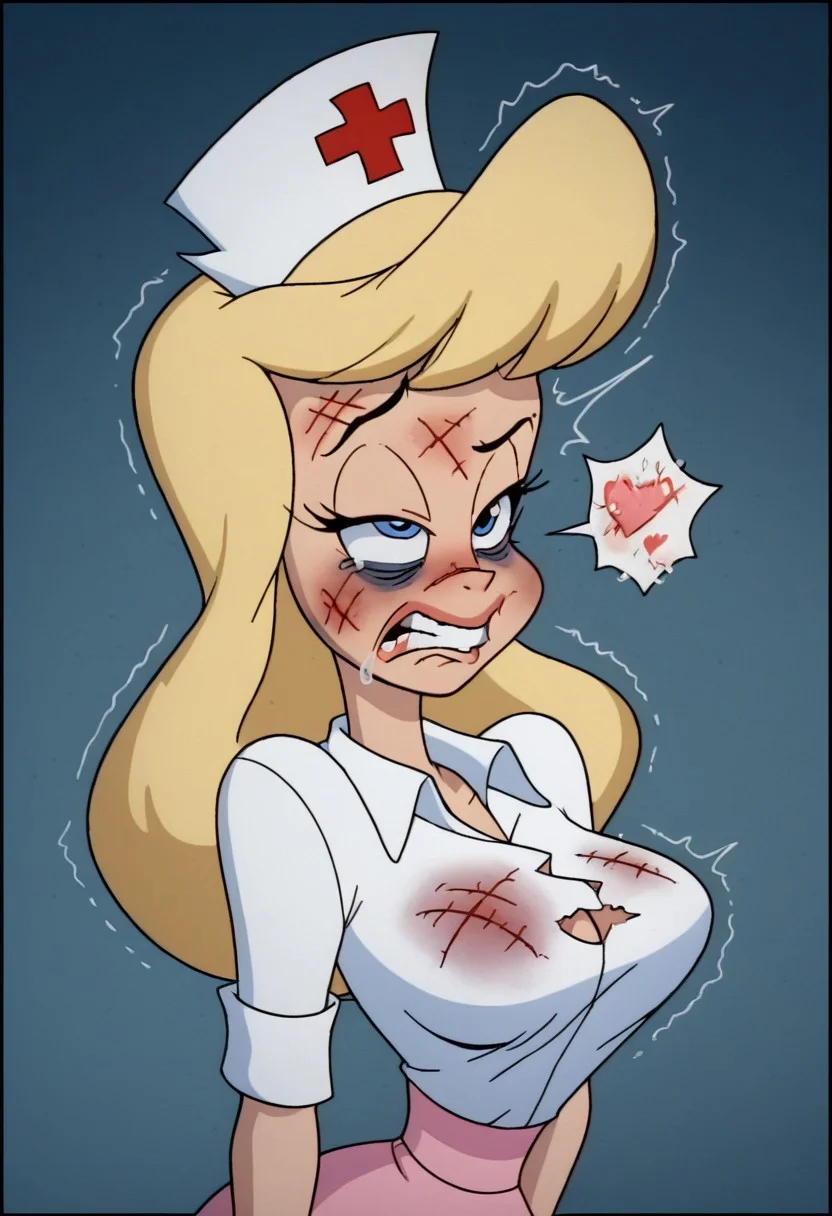 score_9, score_8_up, score_7_up, rating_questionable, zPDXL, 2d source_cartoon, (adult:1.2), facing the viewer, , horny, solo 1girl
<lora:Hello_Nurse_XL_Animaniacs:1> Heloise Nerz, 1girl, dirty messed burnt blonde hair, wounds, hit herself, selfharm, self harm, wounds on face, wounds on body, extreme amount of wounds, wounds everywhere, tired, tired af, extremely tired, tired eyes, huge amount of tireness, absolutely tired, wants to die, almost die, eternally tired, pain, feeling pain, feeling strong pain, powerless, extremely tired eyes, bags under eyes, shiners, stupid, dumb, extremely stupid, extremely dumb, no brain, brain damage, stupid blonde, extremely stupid blonde, blue eyes, eye twitching, nervous eye twitching, extremely hard eye twitching, totally burnt hair, sexy, horny, flowing saliva, scared, in love, extremely dirty dress, hardly beaten fifty times, confused, deeply humiliated face, depressed face, black eyes, circles under eyes, beaten by ninty boxers, broken heart, extremely broken heart, smashed mouth, crazy emotion, extremely violently beaten face, ten times more extremely violently beaten face, twenty times more extremely violently beaten,big deep shiners on both eyes, extremely big shiners on both eyes, eyes in different directions, eyes in extremely different directions, narrow waist
<lora:Expressive_H:1>
<lora:r3nst1mpyXLP:1> r3nst1mpy,aaa