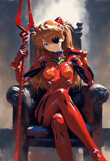 1girl, souryuu asuka langley, neon genesis evangelion, sensitive, solo, eyepatch, red plugsuit, sitting on throne, crossed legs, head tilt, holding weapon, lance of longinus \(evangelion\), cowboy shot, depth of field, faux traditional media, painterly, impressionism, masterpiece, high score, great score, absurdres