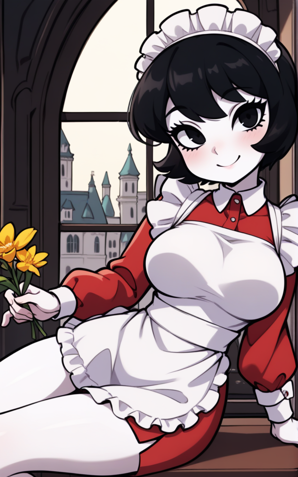 best quality, absurdres, <lora:BolivanteStyleITS:0.8>,  <lora:JCKITS:0.8>,JCKITS, breasts, short hair, black hair, black eyes, white skin,slim,side slit,smile,looking at viewer,bare shoulders, mansion, inside,puffy long sleeves,puffy sleeves,black dress, maid apron,side slit, holding flower,slim,sitting, maid outfit, red outfit, short dress, red dress