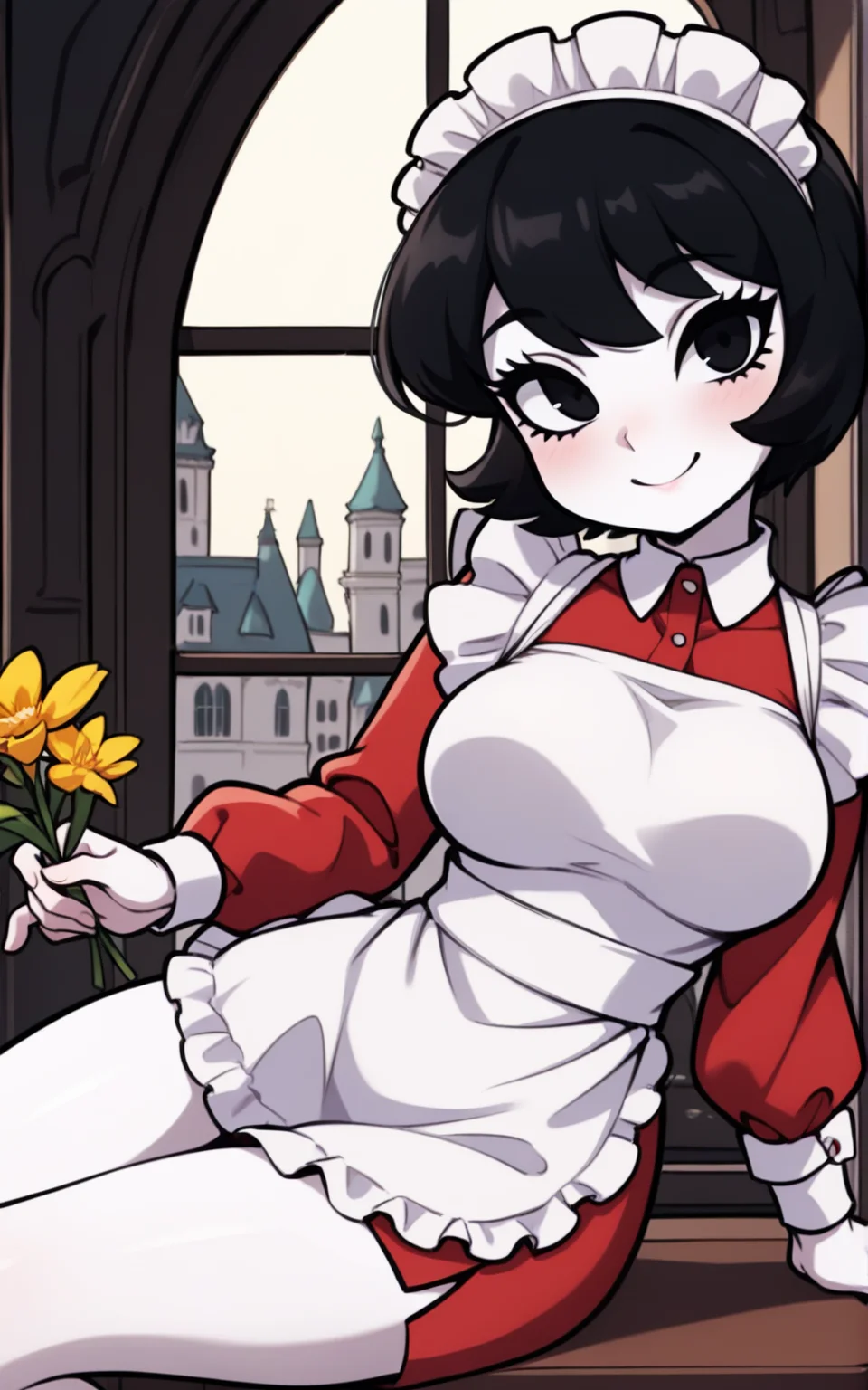 best quality, absurdres, <lora:BolivanteStyleITS:0.8>, <lora:JCKITS:0.8>,JCKITS, breasts, short hair, black hair, black eyes, white skin,slim,side slit,smile,looking at viewer,bare shoulders, mansion, inside,puffy long sleeves,puffy sleeves,black dress, maid apron,side slit, holding flower,slim,sitting, maid outfit, red outfit, short dress, red dress