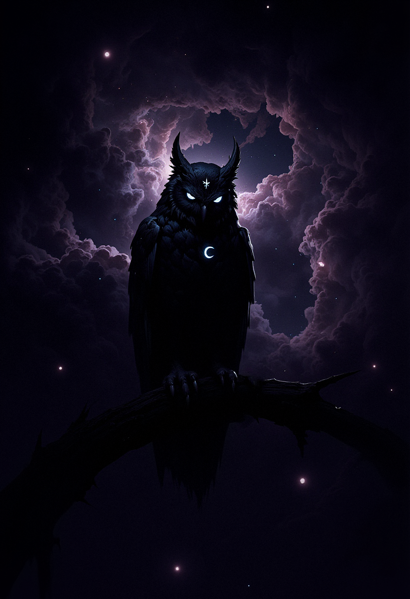 A dark owl with glowing, white-blue eyes perched against a black background. The owl's feathers are entirely deep black with a matte texture, reflecting no light. A small crescent moon symbol is visible on its forehead, glowing faintly with the same white-blue hue as its eyes. The owl is in a still, upright position, its sharp talons gripping an unseen perch in the darkness. A swirling nebula of dark purple and blue hues with distant stars scattered faintly in the background. The nebula appears like wisps of smoke, creating a sense of vast space and depth. Small glowing orbs of light, resembling distant planets or stars, add depth to the composition. The overall atmosphere is cosmic and mysterious, with a soft ethereal glow illuminating the surroundings.    <lora:FluxMythP0rtr4itStyle:0.53> MythP0rt, <lora:dark_fantasy_flux:0.83> <lora:FredFraiStyle-FLUX-Share:0.63> <lora:sxz-Dark-Fantasy-v2-Flux:0.33> drkfnts style, <lora:flux.1_lora_flyway_Epic-Characters_v1:0.43>