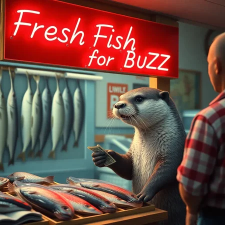 otter selling fish at a shop, fresh fish displayed on the shop, the shop's signboard in neon says 'Fresh Fish for Buzz', 1950s ambiance, technicolor, otter receiving money from customer, ultrarealistic photograph