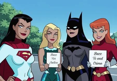 masterpiece, best quality, amazing quality, dcaustyle, (4girls), justice league, outdoors, looking at viewer, smile, smug, ((rule 63, feminization)), ((female Superman, Superman from dc , black hair)), ((female batman, batman from dc)), ((female flash, flash from dc, orange hair, logo)), ((female aquaman, Aquaman from dc, blonde hair))