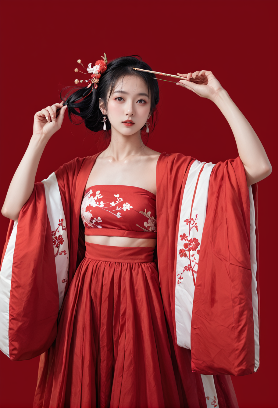 red background,,ruanyi0750,hanfu,wide sleeves,red dress,bandeau,<lora:0750 Large sleeve shirt Hanfu_v1_pony:0.8>, score_9,score_8_up,score_7_up,,8k,1girl,solo,