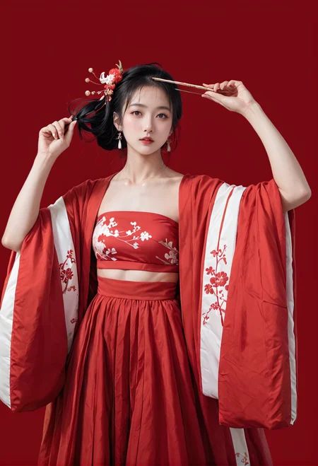 red background,,ruanyi0750,hanfu,wide sleeves,red dress,bandeau,<lora:0750 Large sleeve shirt Hanfu_v1_pony:0.8>, score_9,score_8_up,score_7_up,,8k,1girl,solo,