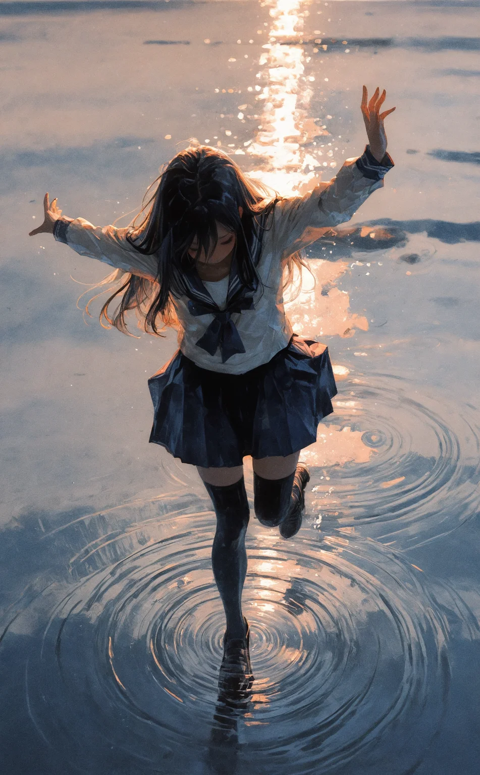 masterpiece, best quality, amazing quality, 1girl, solo, long hair, skirt, black hair, thighhighs, school uniform, closed eyes, serafuku, black thighhighs, water, arms up, standing on one leg, outstretched arms, walking, running, spread arms, ripples, puddle, walking on liquid, painting \(medium\), colored pencil \(medium\), acrylic paint \(medium\),
usnr <lora:noobai_ep11_stabilizer_v0.138_fp16:0.3> <lora:NOOB_vp1_detailer_by_volnovik_v1:0.3> <lora:nhl-001-20:0.75> <lora:nhl-002-nai:0.75> <lora:USNR_STYLE_ILL_V1_lokr3-000024:0.7>