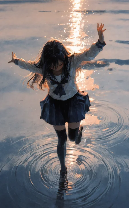 masterpiece, best quality, amazing quality, 1girl, solo, long hair, skirt, black hair, thighhighs, school uniform, closed eyes, serafuku, black thighhighs, water, arms up, standing on one leg, outstretched arms, walking, running, spread arms, ripples, puddle, walking on liquid, painting \(medium\), colored pencil \(medium\), acrylic paint \(medium\),
usnr <lora:noobai_ep11_stabilizer_v0.138_fp16:0.3> <lora:NOOB_vp1_detailer_by_volnovik_v1:0.3> <lora:nhl-001-20:0.75> <lora:nhl-002-nai:0.75> <lora:USNR_STYLE_ILL_V1_lokr3-000024:0.7>