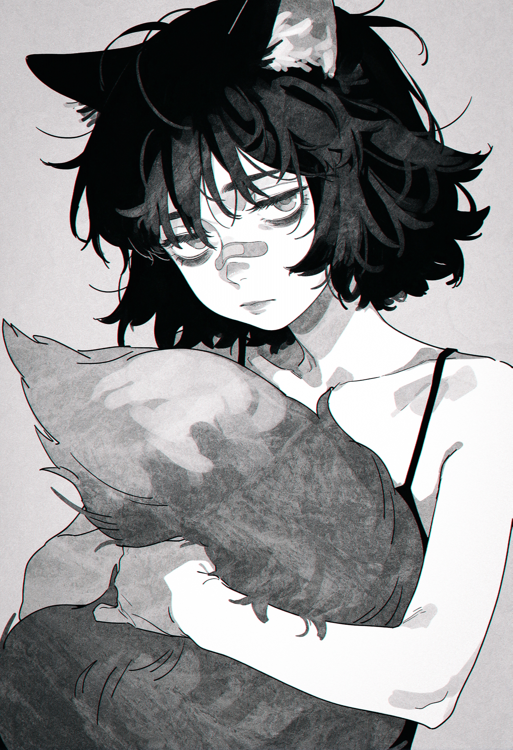 (by akai sashimi:1.25), by molu stranger,  limited palette, greyscale, monochrome, sketch,
masterpiece, best quality, amazing quality, very aesthetic, 
black hair, short hair, messy hair, bandaid on nose,  nose, lips, small breasts,
1girl, fox girl, fox ears, fox tail, hugging own tail, head tilt, depressed, bags under eyes, bored,
<lora:nhl-001-20:0.9> nhl-001