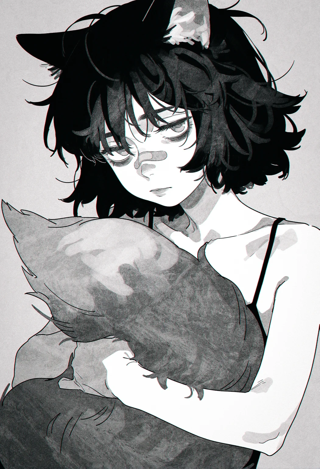(by akai sashimi:1.25), by molu stranger, limited palette, greyscale, monochrome, sketch,
masterpiece, best quality, amazing quality, very aesthetic,
black hair, short hair, messy hair, bandaid on nose, nose, lips, small breasts,
1girl, fox girl, fox ears, fox tail, hugging own tail, head tilt, depressed, bags under eyes, bored,
<lora:nhl-001-20:0.9> nhl-001