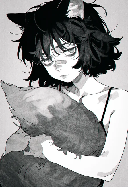 (by akai sashimi:1.25), by molu stranger, limited palette, greyscale, monochrome, sketch,
masterpiece, best quality, amazing quality, very aesthetic,
black hair, short hair, messy hair, bandaid on nose, nose, lips, small breasts,
1girl, fox girl, fox ears, fox tail, hugging own tail, head tilt, depressed, bags under eyes, bored,
<lora:nhl-001-20:0.9> nhl-001