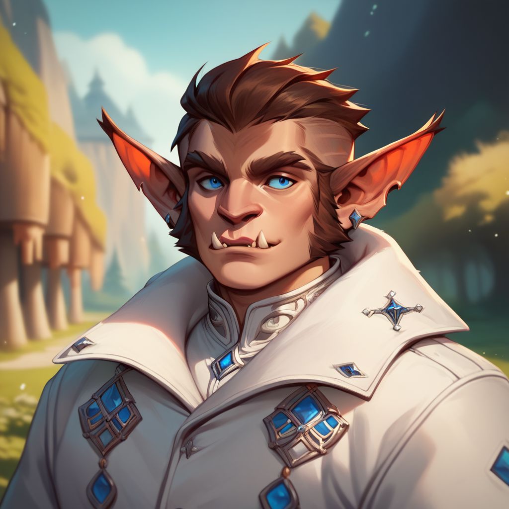 (((beautiful, high quality))), upper body, score_9, score_8_up, score_7_up, solo,
Bugbear, furry, pointed ears, fangs, 1boy, male focus, blue eyes, white coat, short hair, jewelry,
outdoor, fantasy background, nature, blurred background,