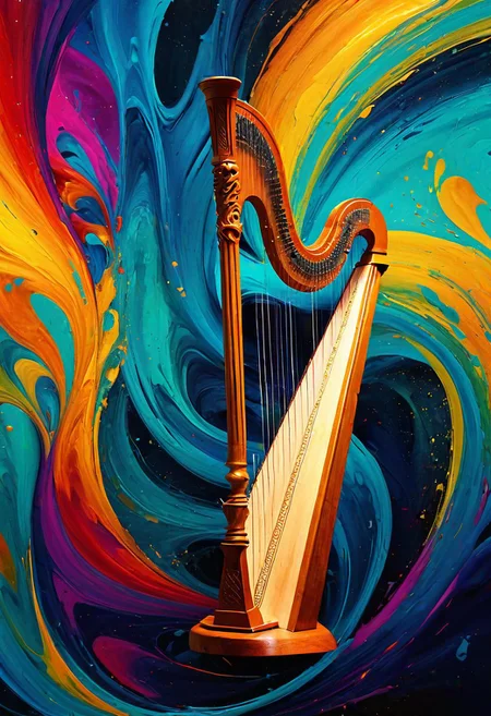 music visualization, swirling colors, fluid shapes, Celtic harp melody, vibrant, abstract art, expressive, energy, flowing lines