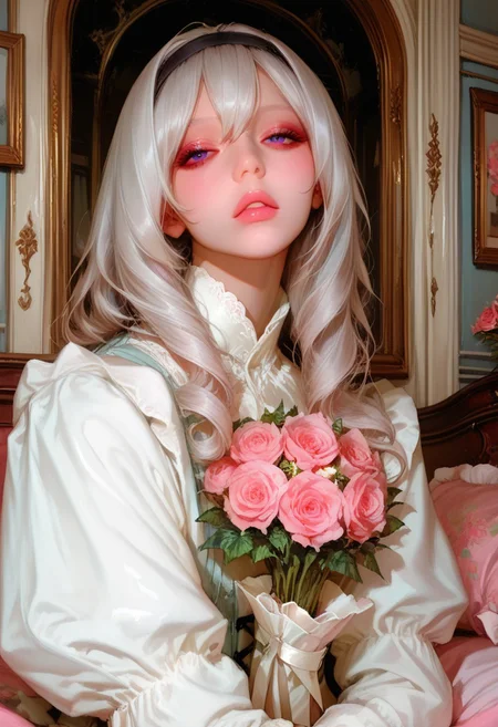 GoonJam anime-style, score_9, score_8_up, score_7_up, best quality, fine detail, photograph, absurdres, highres, 1girl, black_hairband, black_jacket, blurry, blurry_background, bouquet, floral_background, flower, grey_hair, hair_between_eyes, hair_intakes, hair_ornament, hairband, holding, holding_bouquet, jacket, long_hair, long_sleeves, looking_at_viewer, parted_lips, purple_eyes, rose, solo, white_flower, white_rose, , dynamic pose, cinematic lighting, high detail, vibrant atmosphere, masterpiece,best quality,amazing quality,very aesthetic,absurdres,newest,