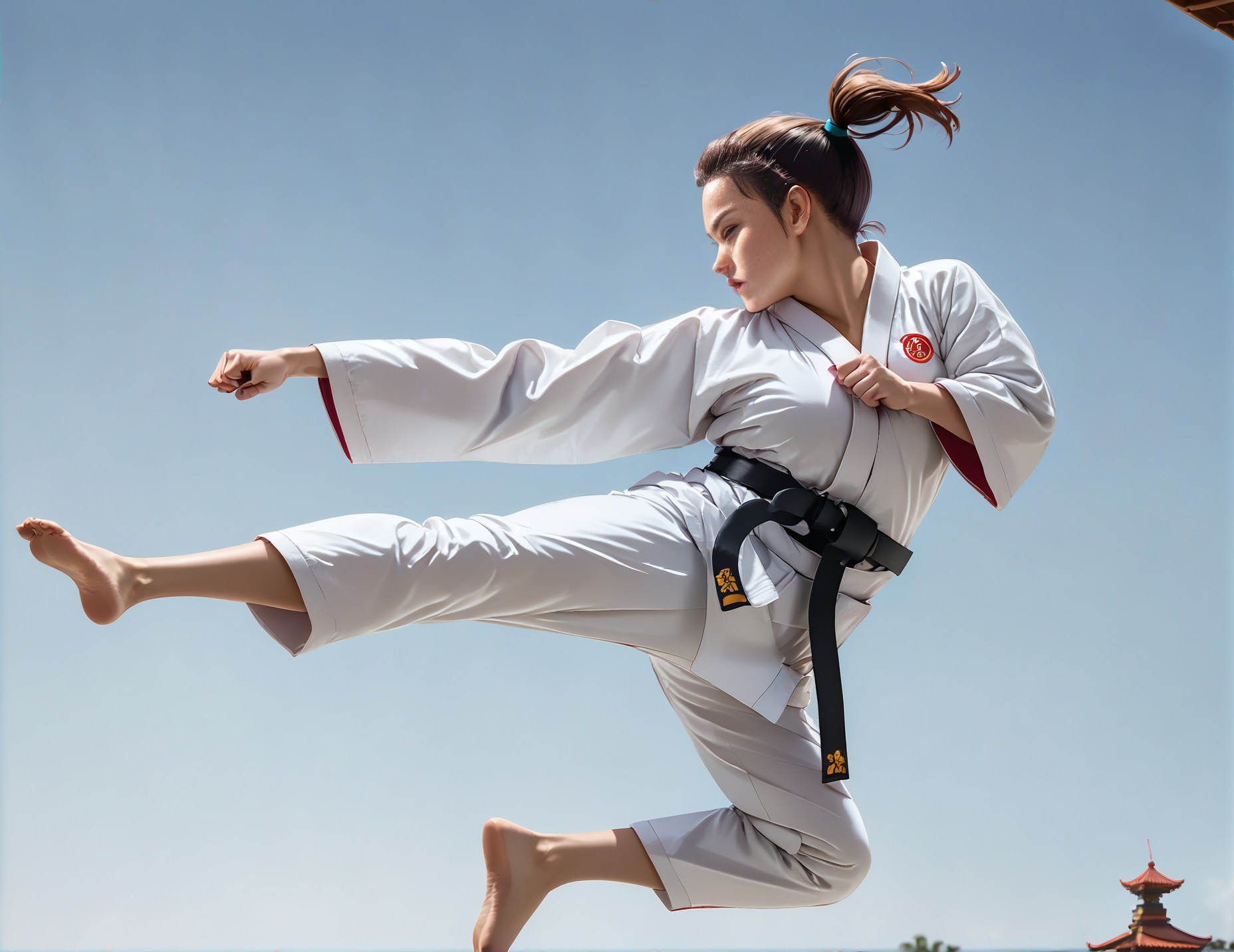 score_9, score_8_up, score_7_up, jusiki, side view, (slim 25yo female), doing a high jump sidekick, in front of pagoda. karate uniform and black belt,short brunette ponytail <lora:JumpedSideKickPony-000007:1>