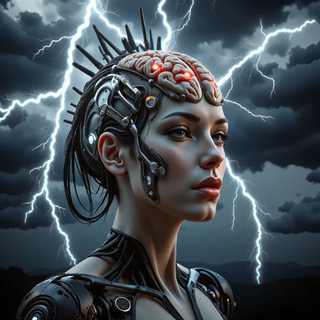 bailing_lightning, style of H. R. Giger. A woman with a cybernetic enhancement on her head mimicking a biopunk brain, surrounded by micro lightning bolts. a bionic body with an exoskeleton, dark and sleek, futuristic, sci-fi, dramatic sky with dark clouds and micro lightning bolts that strike her head, digital artwork, realistic and detailed, CGI, futuristic and intense, created using advanced software and techniques. <lora:flux/Realism 2>, <lora:moxiePunk_v20> <lora:art and styles/FL-bailing-24-0824lightning-000003.safetensors:0.7>, bailing_lightning, <lora:scifi/dvr-transformers-flux.safetensors:1.0>, <lora:artist/style of H. R. Giger FLUX 295-000006.safetensors:1.0>, style of H. R. Giger