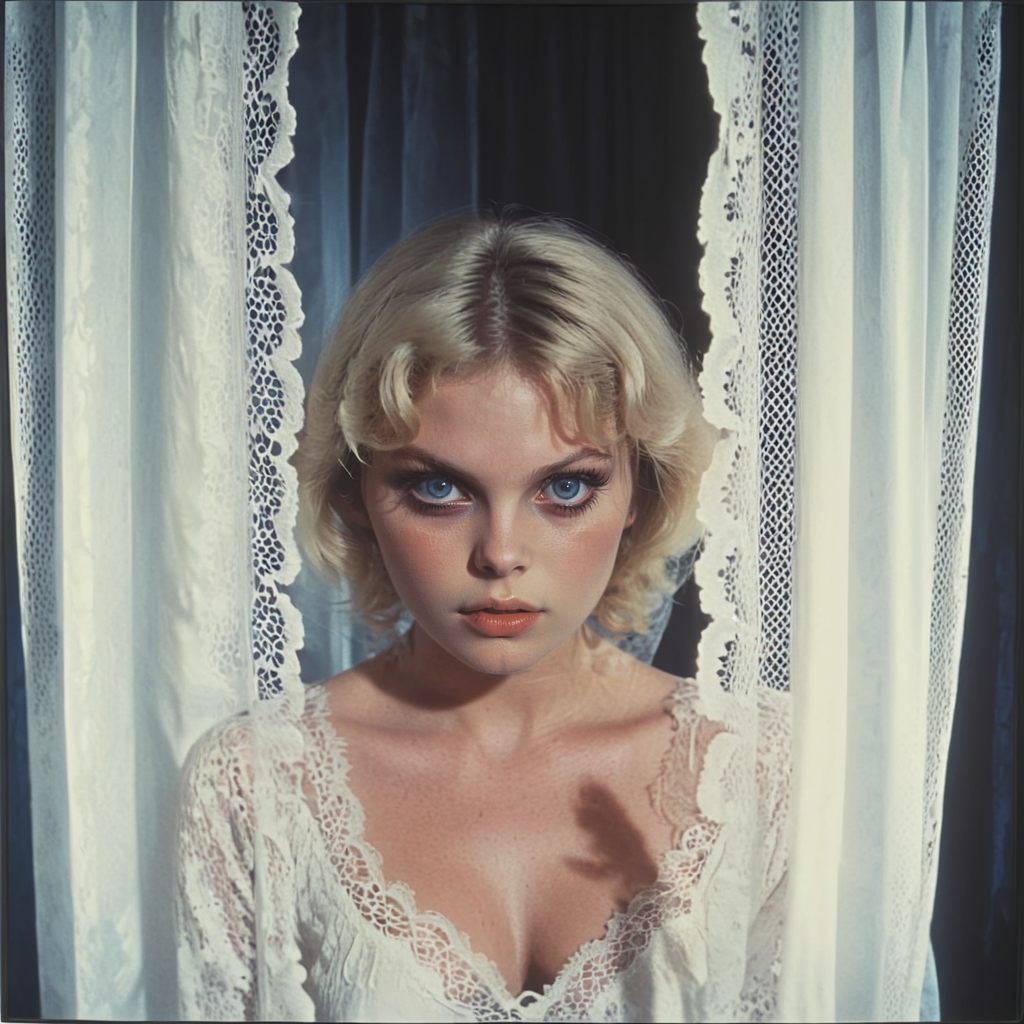 <lora:70s_Horror_MovieSDXL:1> ArsMovieStill, movie still from a 1970s horror movie, The image is a portrait of a young woman with blonde hair. She is looking directly at the camera with a serious expression on her face. The woman is wearing a white lace dress with a low neckline and long sleeves. The background is dark and the image is framed by a white curtain with lace detailing. The overall mood of the image appears to be dramatic and dreamlike., solo, 1girl, curtains, looking at viewer, realistic, curtain grab, lips, blue eyes, horns, closed mouth