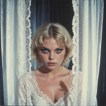 <lora:70s_Horror_MovieSDXL:1> ArsMovieStill, movie still from a 1970s horror movie, The image is a portrait of a young woman with blonde hair. She is looking directly at the camera with a serious expression on her face. The woman is wearing a white lace dress with a low neckline and long sleeves. The background is dark and the image is framed by a white curtain with lace detailing. The overall mood of the image appears to be dramatic and dreamlike., solo, 1girl, curtains, looking at viewer, realistic, curtain grab, lips, blue eyes, horns, closed mouth