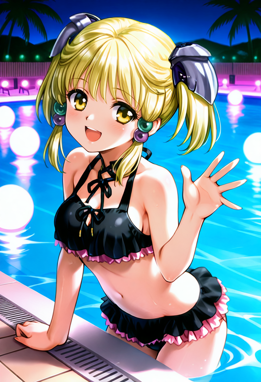 masterpiece, best quality, 1girl, solo, <lora:ill_irui:1>, srw_irui, black bikini, frilled bikini, medium breasts, blonde hair, bangs, twintails, sidelocks, hair ornament, hair bobbles, yellow eyes, looking at viewer, laugh, open mouth, waving hand, resort pool, night