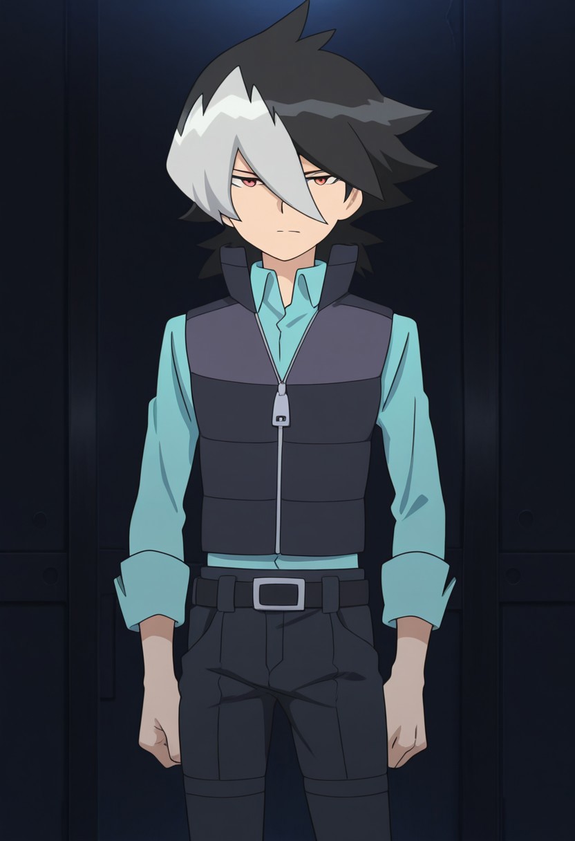 masterpiece,best quality,amazing quality, 
JinKaidou, 1boy, male focus, solo, red eyes, multicolored hair, black hair, grey hair, hair between eyes, shirt, blue shirt, collared shirt, vest, popped collar, zipper, zipper pull tab, belt, pants, black pants,