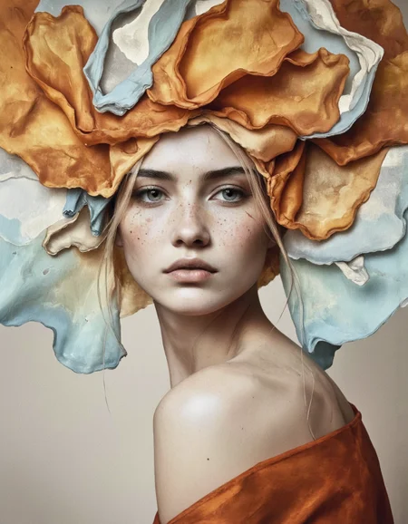 By Chris Luha and Dorota Pietrowiak.
This is a high-resolution, highly detailed photograph of a young woman with fair, porcelain skin and striking, piercing blue eyes. She has a delicate, almost ethereal appearance, with a scattering of freckles across her cheeks and nose. Her hair is hidden beneath an elaborate, voluminous, and ethereal arrangement of orange and light blue translucent fabrics that resemble a large, ornate headdress. The fabrics are layered and draped around her head, creating a surreal, almost otherworldly effect. <lora:Flux_Photography:0.7> <lora:Defluxion_v1:0.4> <lora:Illustration_concept_Variant_3:0.75> <lora:Chris_Luka:0.75>