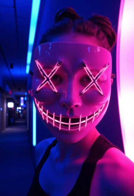 amateurish photo
**Style:**
* **Cyberpunk/Neon Noir:** The image has a strong cyberpunk aesthetic, characterized by the neon lighting, futuristic mask, and urban background. It also has a hint of noir with its slightly mysterious and edgy feel.
* **Digital Art/Illustration:** It looks like a digital creation, possibly using 3D rendering or digital painting techniques, which allows for the crisp lines and glowing effects.
**Technique:**
* **Lighting:** The lighting is the star of the show! The use of neon pink and blue creates a vibrant and almost otherworldly glow. The light source appears to be coming from the mask itself and the background, creating a dramatic and atmospheric effect.
* **Color Palette:** The color scheme is primarily cool, with blues and purples dominating the background, contrasted by the bright pink of the mask. This creates a striking visual contrast and adds to the cyberpunk feel.
* **Layering:** The image seems to have layers of light and shadow, which adds depth and dimension. The way the neon light interacts with the mask and the figure's hair is particularly well-executed.
* **Texture:** While the overall image is smooth, there are subtle textures at play, like the fabric of the tank top, the glossiness of the mask, and the bokeh-like effect in the background.
**Composition:**
* **Rule of Thirds:** The figure is positioned slightly off-center, which creates a dynamic composition. The head and mask are roughly in the upper third of the image, drawing the viewer's eye.
* **Close-Up/Portrait:** The image is a close-up portrait, focusing on the figure's upper body and face. This allows for a more intimate and engaging experience.
* **Depth of Field:** The background is slightly blurred, which helps to focus the viewer's attention on the figure and mask. This creates a sense of depth and separation.
**Visual Elements:**
* **The Mask:** The mask is the most striking visual element. Its glowing lines, X-shaped eyes, and stitched smile give it a menacing yet captivating appearance. The mask is also slightly transparent, allowing the figure's face to be partially visible.
<segment:head,0.6,0.5//cid=1> perfect mask