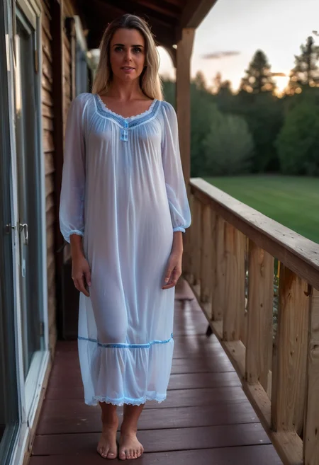 onlyfans girl H4Z3L6 standing on the veranda wearing a nightgown, 1girl, solo, looking_at_viewer, realistic