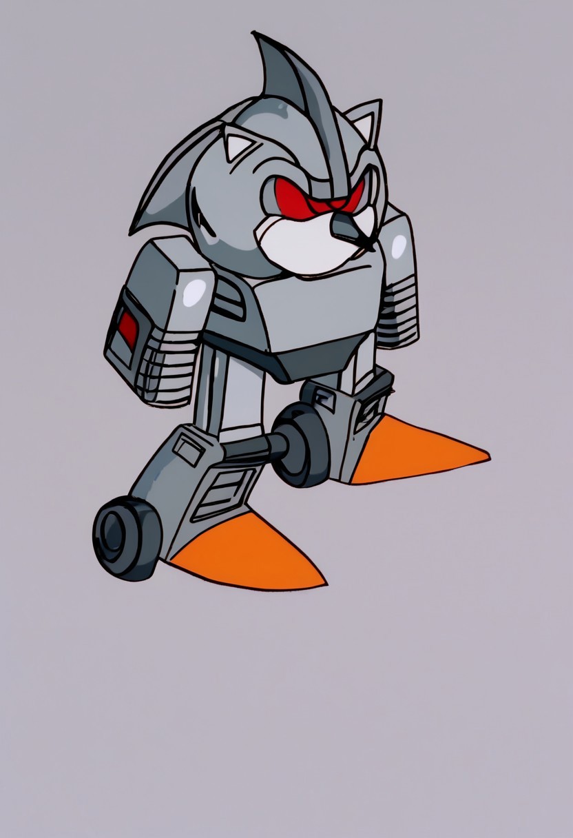 MechaMk1, 1boy, no humans, robot, mecha, robotic version of Sonic, bulky silver gray exoskeleton, bright orange feet, single glowing eye, several rotating blades on the back of head heavily armored body, blocky silver gray exterior while the black endoskeleton is visible from the back, red eye, black sclera, colored sclera, solo, full body, standing, Transformers, Animation, <lora:Transformers 86 FT:1>