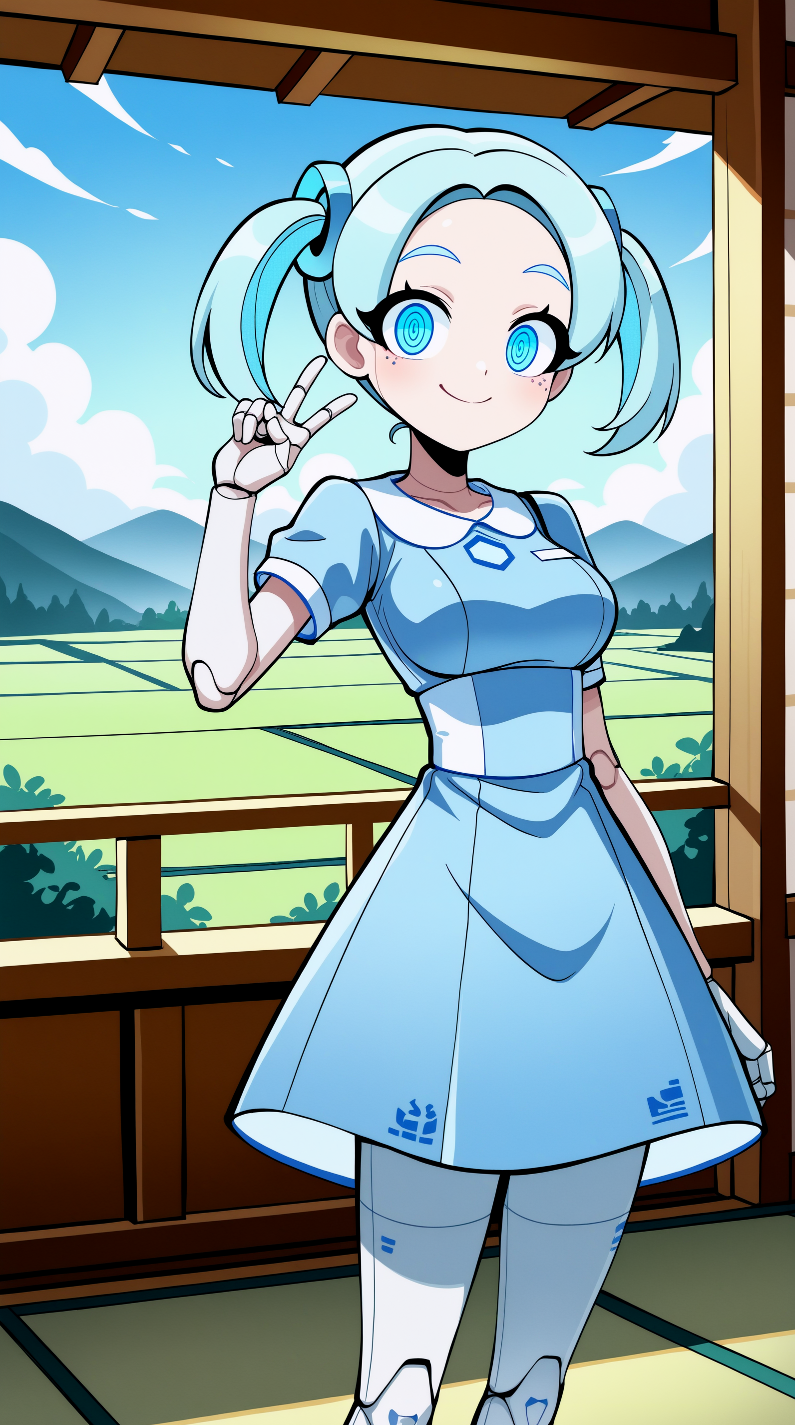 masterpiece, best quality, amazing quality, aesthetic,  absurdres, best quality, 4k, upscale, indoors, tatami, sky, landscape, Robo-Alice, 1girl, v, solo, android, joints, smile, robot joints, twintails, dress, blue eyes, looking at viewer, blue hair, standing, breasts, ringed eyes, closed mouth, blue dress, pose,  <lora:Robo-Alice_IL:0.8>
