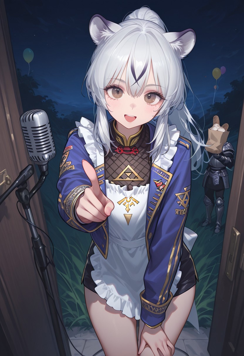 very awa, masterpiece, good aesthetic, best quality, absurdres,  hyper details, beautiful, gorgeous, very awa, masterpiece, good aesthetic, best quality, absurdres, looking at viewer, 
Realistic Hentai Style, realistic clothing, detailed clothing, ultra HD clothing, hyper realistic clothing, 
bushy eyelashes, thick eyelashes, long eyelashes, blushing, beauty mark, glossy lips, glittery eyeliner, 
white apron, strawberry, brown eyes, balloon, baozi, tying hair, triforce, door, grass, white hair, paper bag, short shorts, :d, purple eyes, playing instrument, microphone stand, cowboy shot, mole, tiger girl, phone, night, open jacket, uniform, armor, pointing at viewer, water, hand on own knee, cup