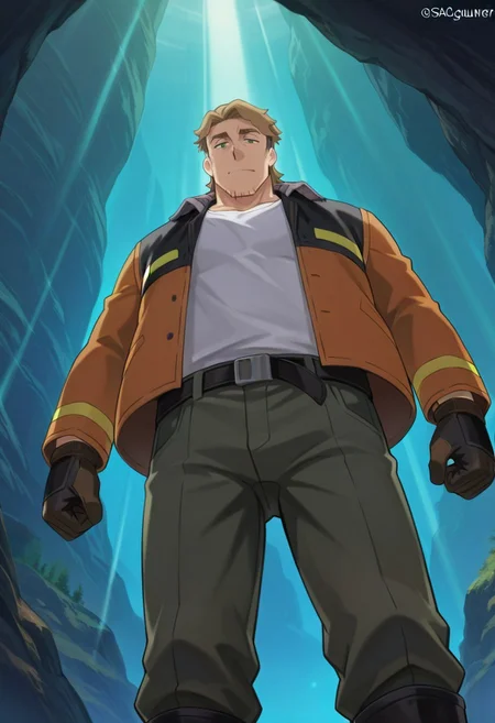 safe_pos, score_9, score_8_up, score_7_up, score_6_up, perfect anatomy, perfect proportions, best quality, masterpiece, high_resolution, high quality, best aesthetic, incredibly absurdres, highres, extremely detailed, huge filesize, solo male, adult, mature, masculine, manly, handsome, charming, alluring, standing, upper body, dutch angle, cowboy shot, source_anime \(Sakugan\), anime coloring \(Sakugan\), Gagumber \(Sakugan\), SKGGagumber, brown hair, two-tone hair, sideburns, facial hair, stubble, green eyes, thick eyebrows, SKGGagumber_outfit01, white tank top, orange high-visibility bomber jacket, open jacket, black gloves, green work pants, black boots, confidence, (view from below), science fiction cave city, dark backgound, photo backgound